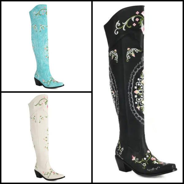 Women Fashion Floral Faux Leather Over The Knee Western Boots