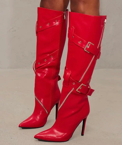 Women Pointed Toe Buckled Zipper Faux Leather Knee High Boots