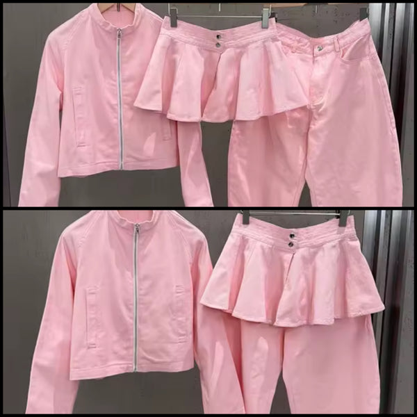 Women Pink Zip Up Jacket Fashion Three Piece Pant Set
