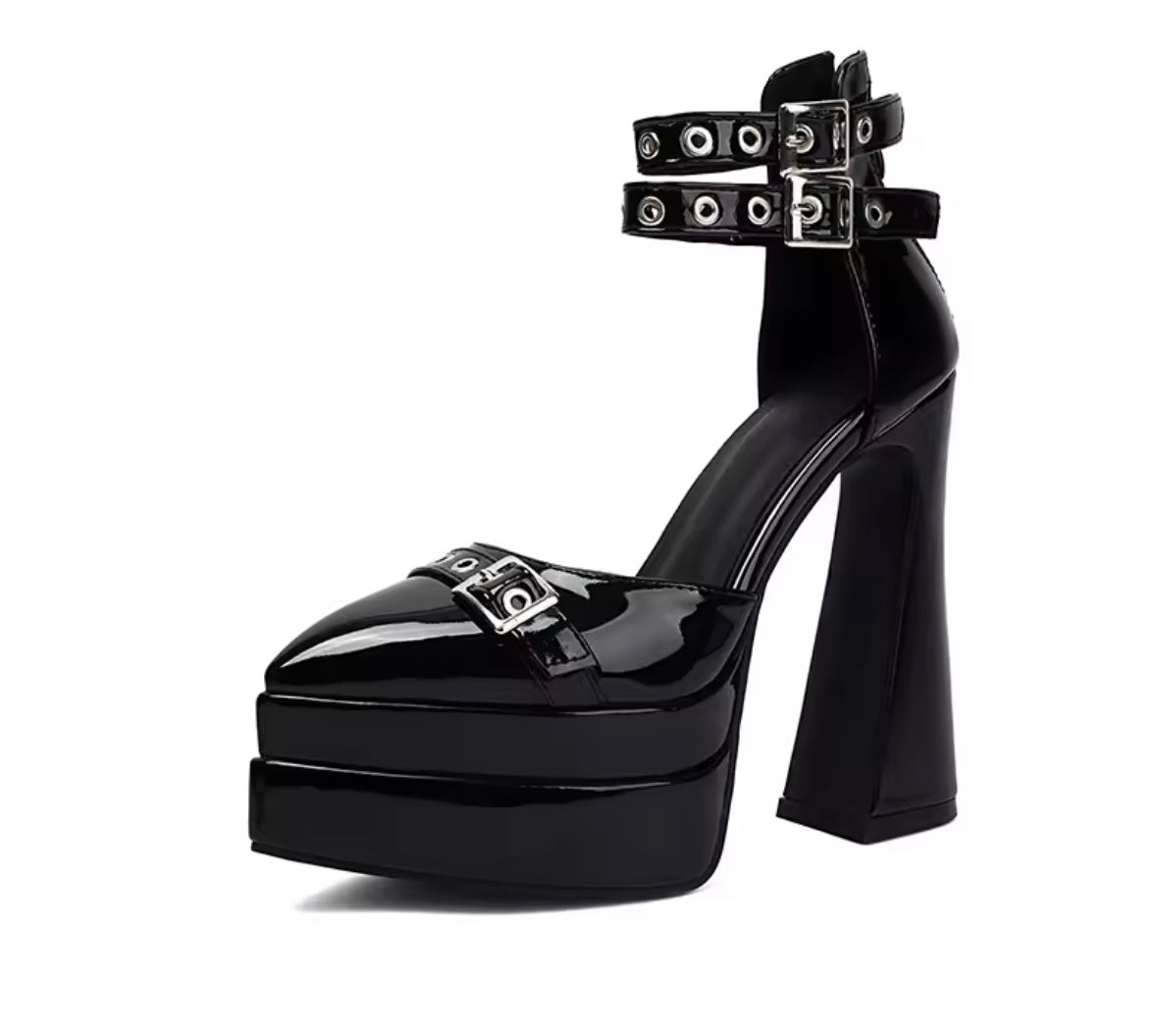 Women Pointed Toe Platform Patent Leather Ankle Strap High Heels
