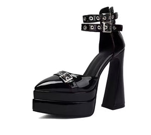 Women Pointed Toe Platform Patent Leather Ankle Strap High Heels