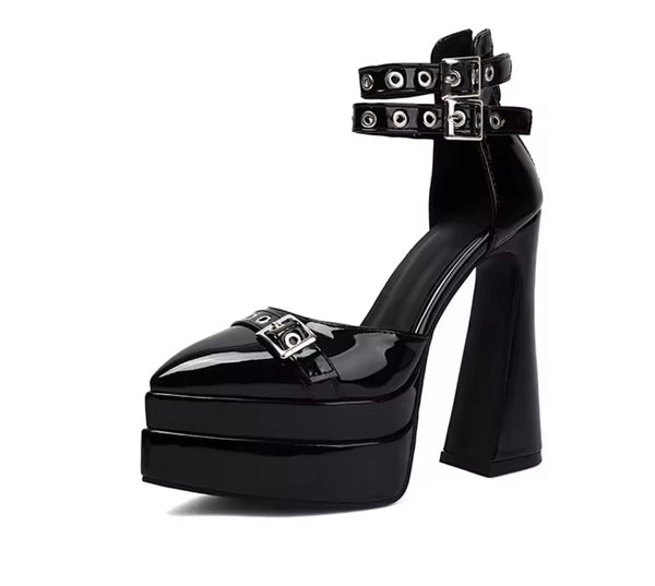 Women Pointed Toe Platform Patent Leather Ankle Strap High Heels