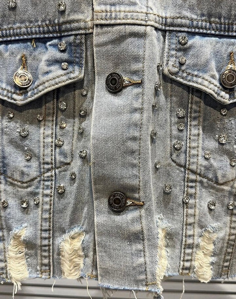 Women Rhinestone Fashion Button Up Ripped Denim Jacket