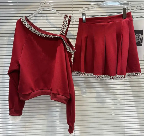 Women Fashion Bling One Shoulder Full Sleeve Two Piece Pleated Skirt Set
