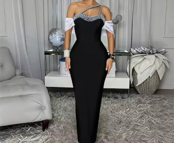 Women Sexy One Shoulder Pearl B&W Maxi Dress