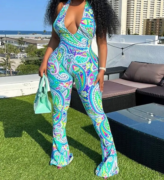 Women Printed Sexy Halter Sleeveless Jumpsuit