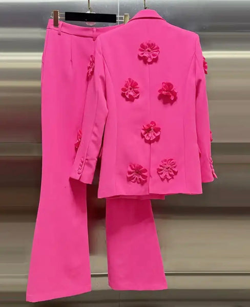 Women Pink Fashion 3D Floral Patchwork Blazer Two Piece Pant Set