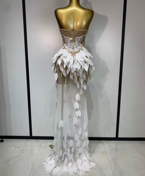 Women Sexy Strapless Beaded Feather Side Split Mesh Maxi Dress