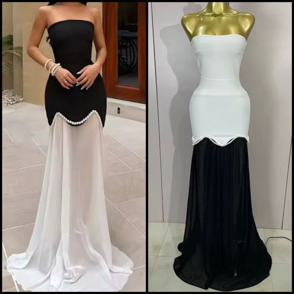 Women Sexy Strapless B&W Pearl Mesh Maxi Dress