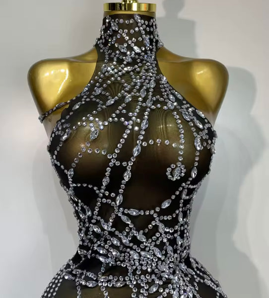 Women Sleeveless Asymmetrical Rhinestone Mesh Dress