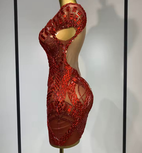 Women Sexy Sleeveless Red Crystal Mesh Dress