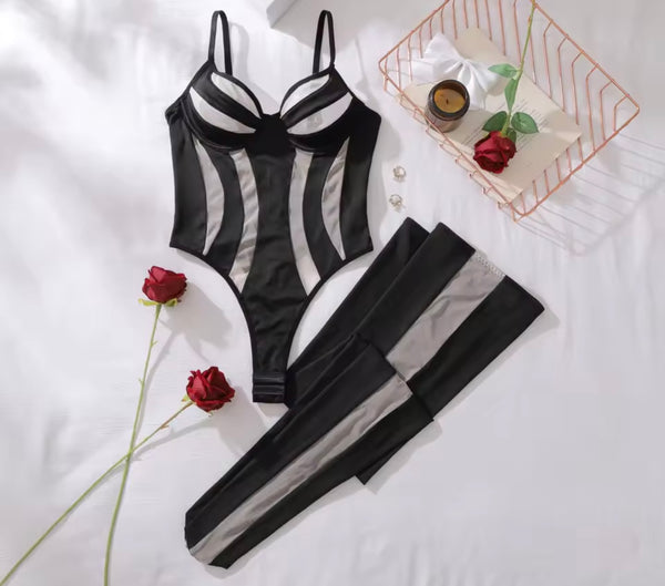 Women Sexy Sleeveless Black Mesh Patchwork Bodysuit Lingerie Set