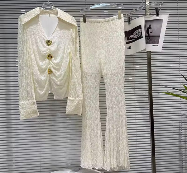 Women Fashion Lace Collar Button Up Two Piece Pant Set
