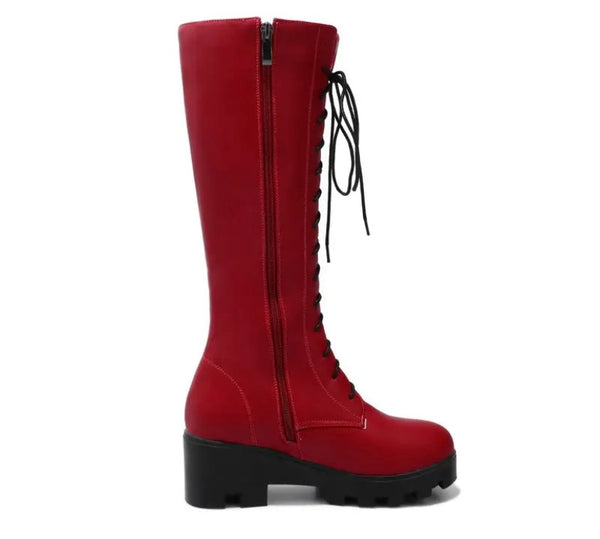 Women Fashion Faux Leather Lace Up Platform Knee High Boots
