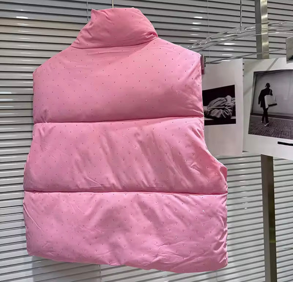 Women Fashion Color Rhinestone Puff Vest Jacket