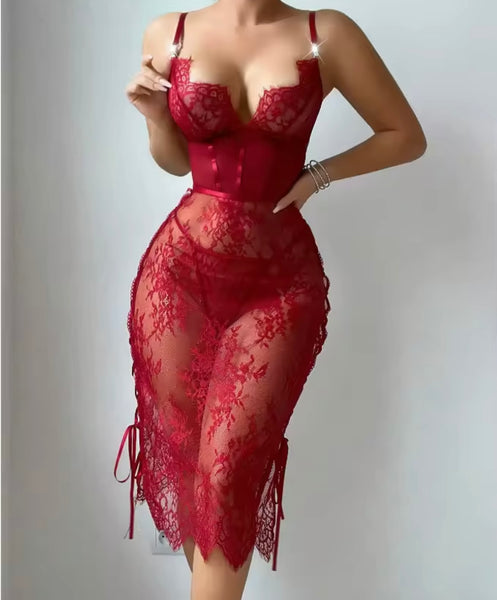 Women Lace Sleeveless Cut Out Tie Up Sexy Nightgown Lingerie