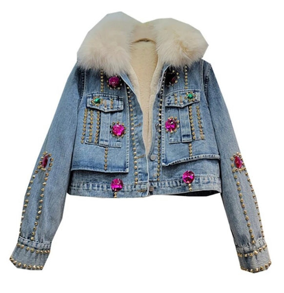 Women Fashion Faux Fur Patchwork Denim Color Crystal Jacket