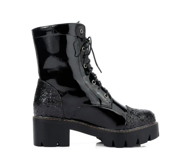 Women Fashion Patent Leather Sequins Patchwork Lace Up Ankle Boots