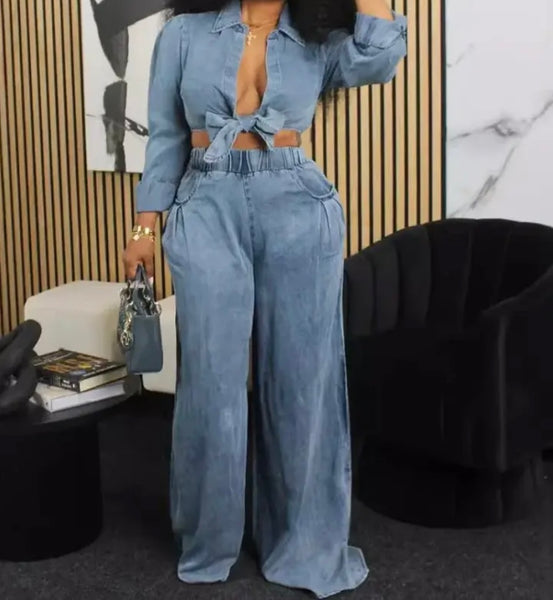 Women Color Full Sleeve Crop Two Piece Fashion Pant Set