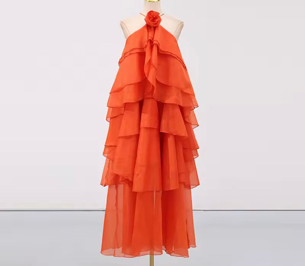 Women Sexy Halter Sleeveless Ruffled Color Maxi Dress