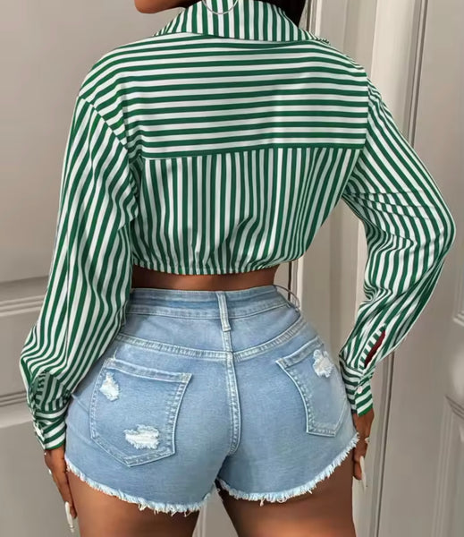 Women Color Striped Button Up Fashion Full Sleeve Crop Top