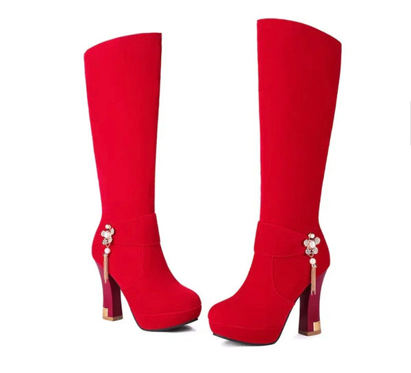 Women Fashion Color Suede Bling Tassel Knee High Boots