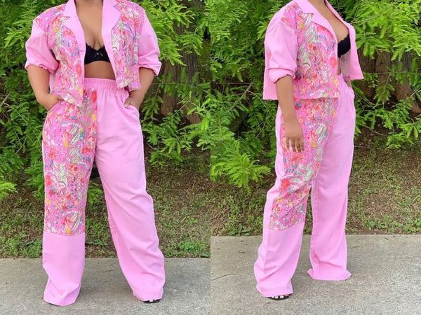 Women Fashion Floral Patchwork Two Piece Tracksuit Pant Set