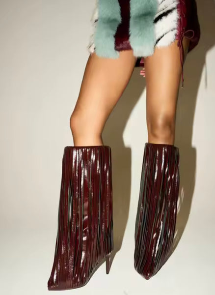 Women Fashion Pointed Toe Tassel High Heel Boots