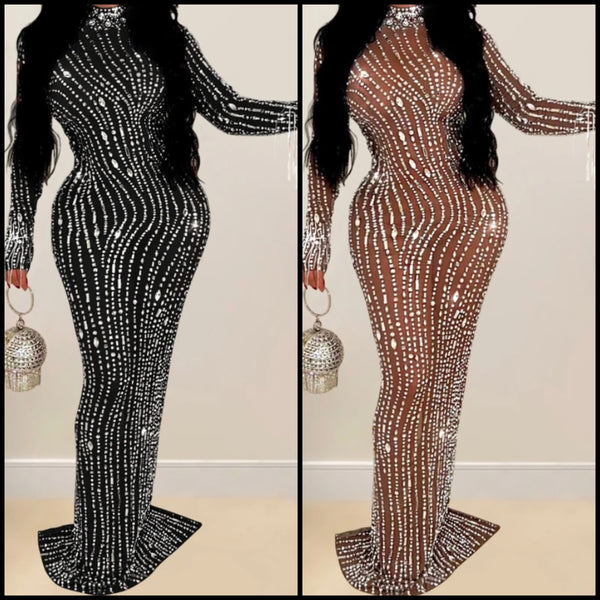 Women Sexy Mesh Bling Full Sleeve Maxi Dress