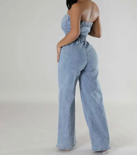 Women Sexy Fashion Button Up Strapless Denim Jumpsuit