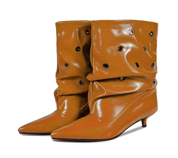 Women Color Pointed Toe Rivet Ruched Fashion Ankle Boots