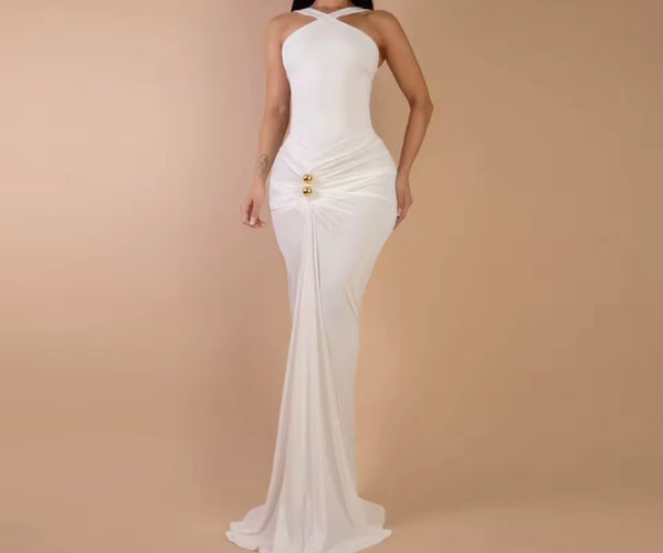Women Sleeveless Solid Color Ruched Sexy Maxi Dress