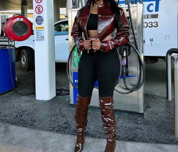 Women Color Fashion Faux Leather Crop Jacket