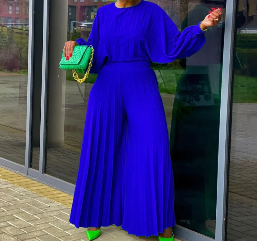 Women Fashion Full Sleeve Solid Color Two Piece Pleated Pant Set