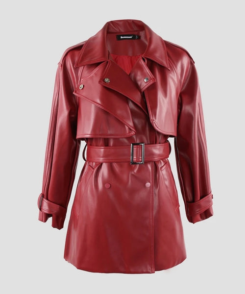 Women Faux Leather Belted Short Fashion Trench Jacket