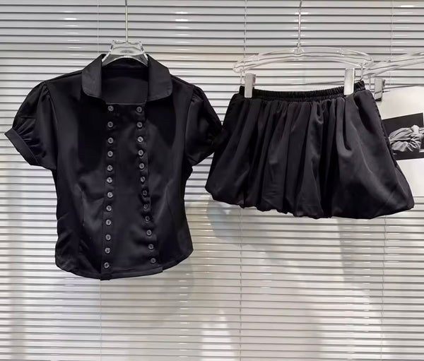 Women Collar Rivet Short Sleeve Black Two Piece Skirt Set