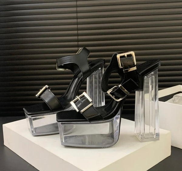 Women Black Buckled Platform Transparent High Heel Sandals