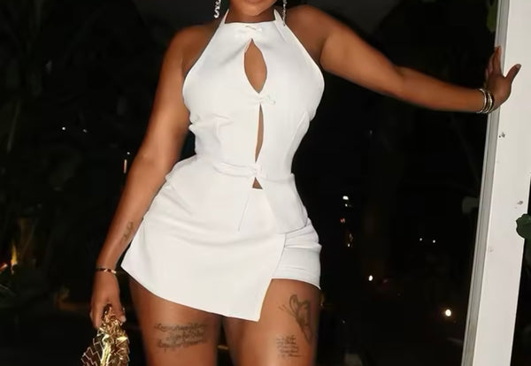 Women Sexy Halter Sleeveless Solid Color Two Piece Short Set