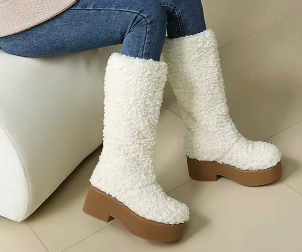Women Fashion Furry Fleece Platform Knee High Boots