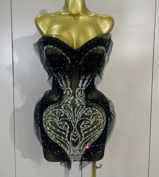 Women Sexy Black Strapless Ruffle Rhinestone Mesh Dress