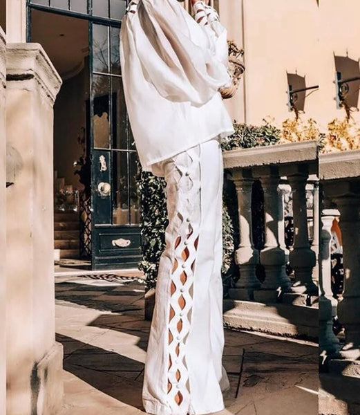 Women White Sexy Cut Out Full Sleeve Two Piece Pant Set