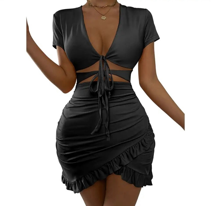 Women Sexy Cut Out Tie Up Short Sleeve Ruffled Dress