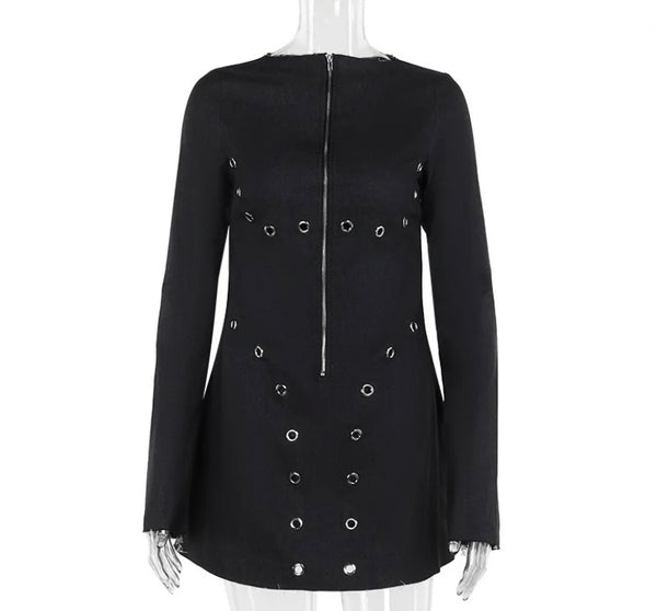 Women Sexy Black Zip Up Rivet Full Sleeve Dress