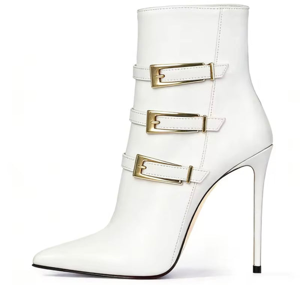 Women Fashion Pointed Toe Faux Leather Triple Buckle Ankle Boots