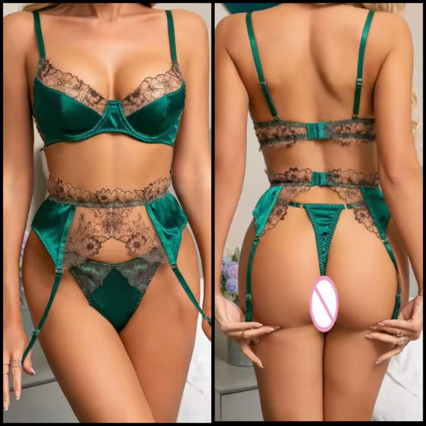 Women Green Satin Floral Sexy Lingerie Set