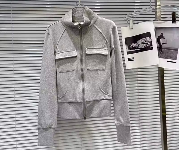 Women Gray Pocket Zip Up Fashion Two Piece Skirt Set
