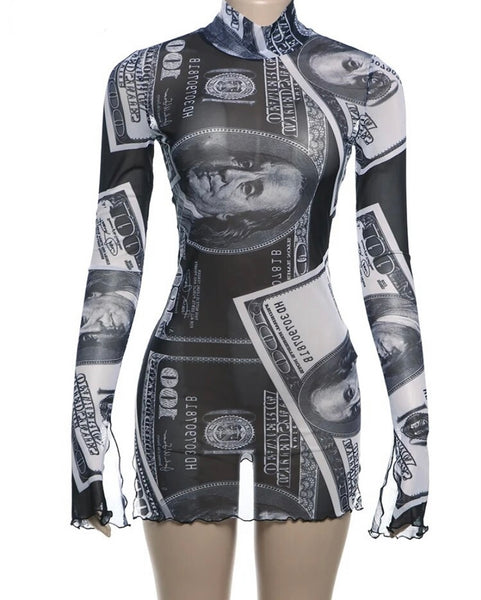 Women Sexy B&W Money Print Full Sleeve Mesh Dress