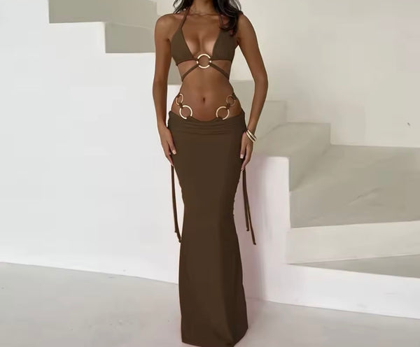 Women Sexy Halter Metal Bikini Cover Up Set