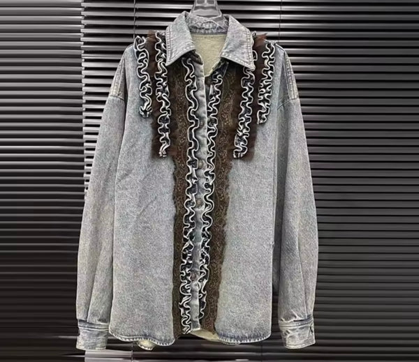 Women Fashion Color Ruffled Full Sleeve Denim Two Piece Skirt Set
