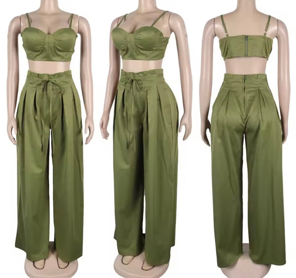 Women Color Sleeveless Crop Fashion Two Piece Wide Leg Pant Set